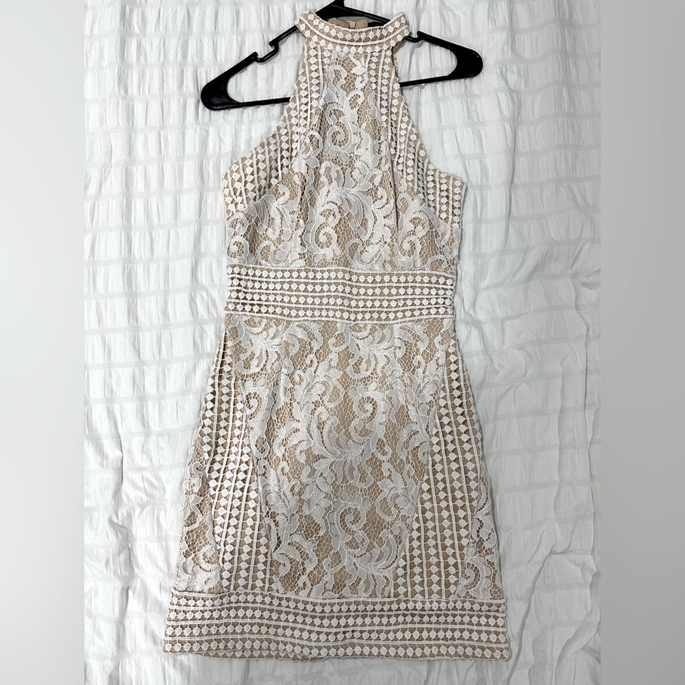 White High Neck Lace Crochet Bodycon Dress